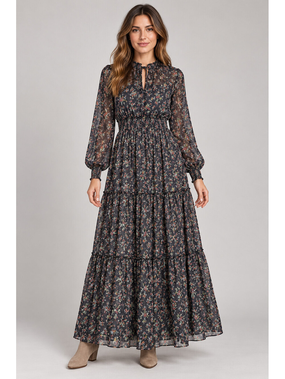 Promesa S Black Floral Chiffon Tiered Maxi Dress Sheer Cottagecore Prairie Boho